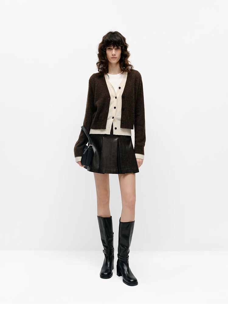 亦雯【冰雨落花】针织衫开衫2025春新品羊驼绒绵羊毛V领撞色假两件