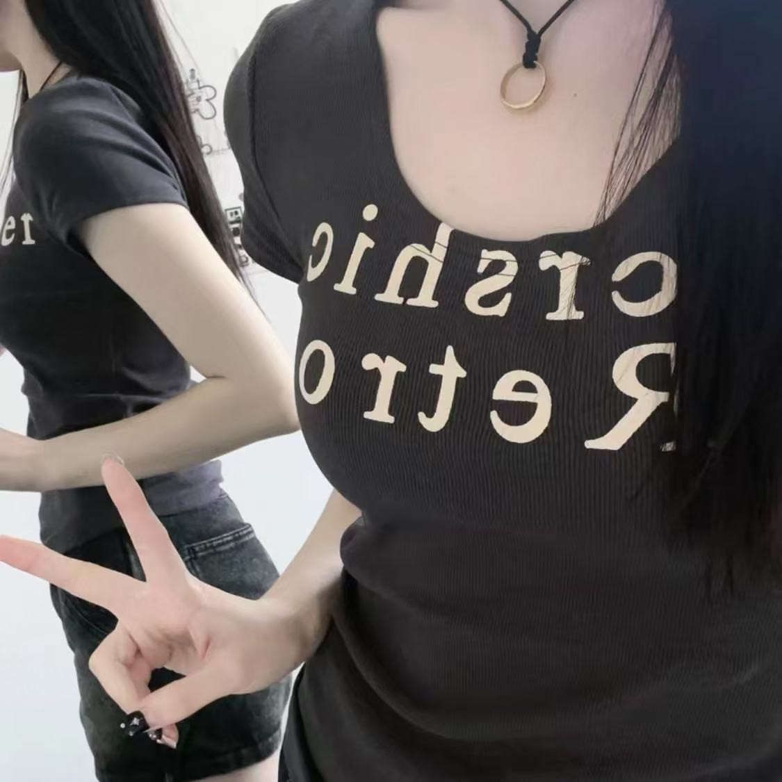 [胖鹅张]美式甜辣妹字母u型短袖上衣#8232[实物以直播间展示为准]