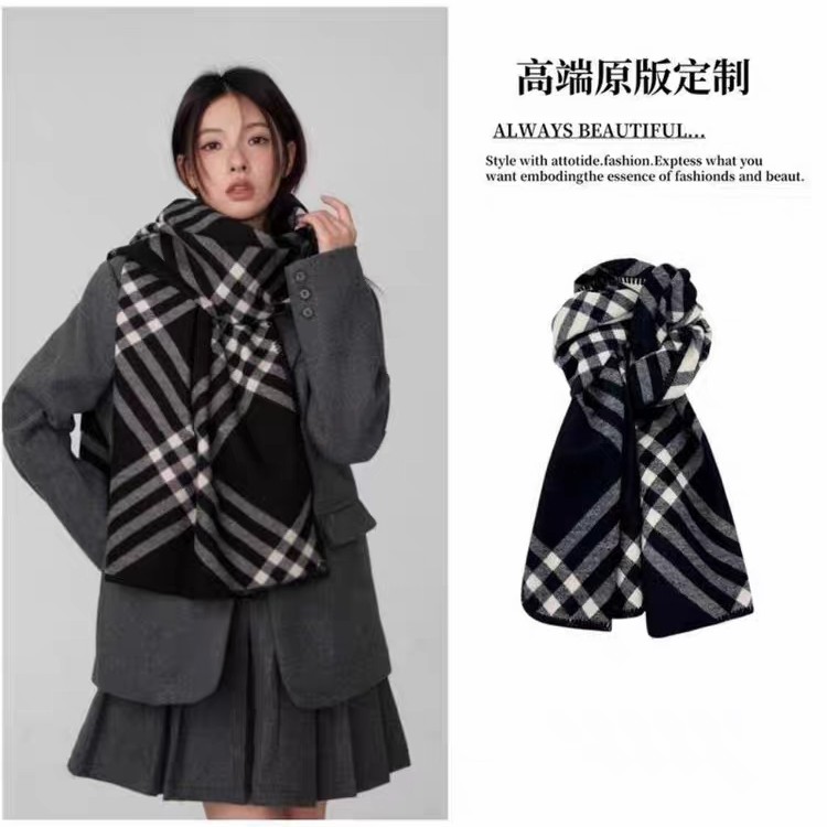 新款高级感黑白双面格子围巾女秋冬季保暖百搭仿羊绒大版围脖披肩