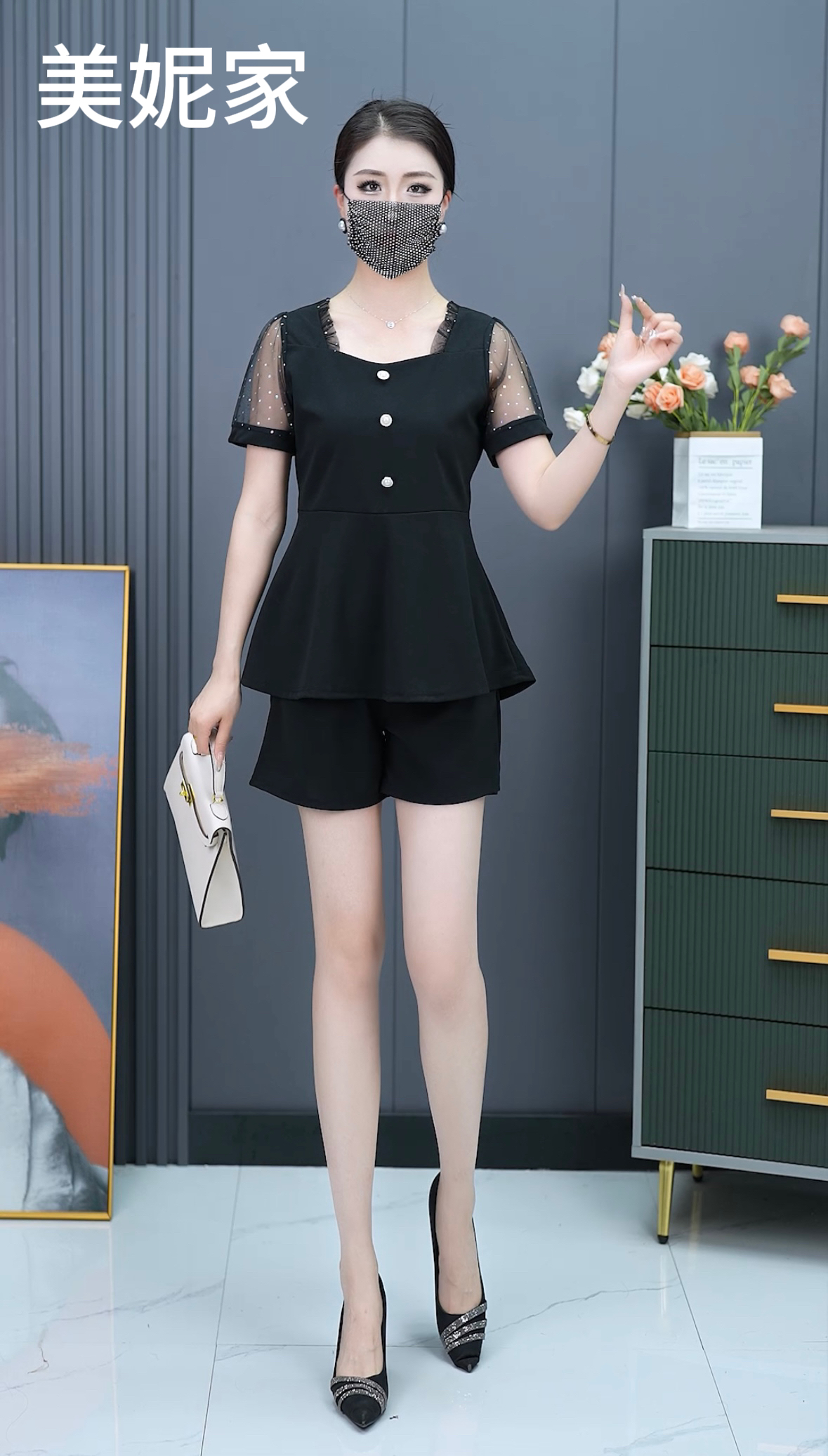 时尚网纱拼接短袖上衣搭配休闲短裤女夏装减龄气质套装