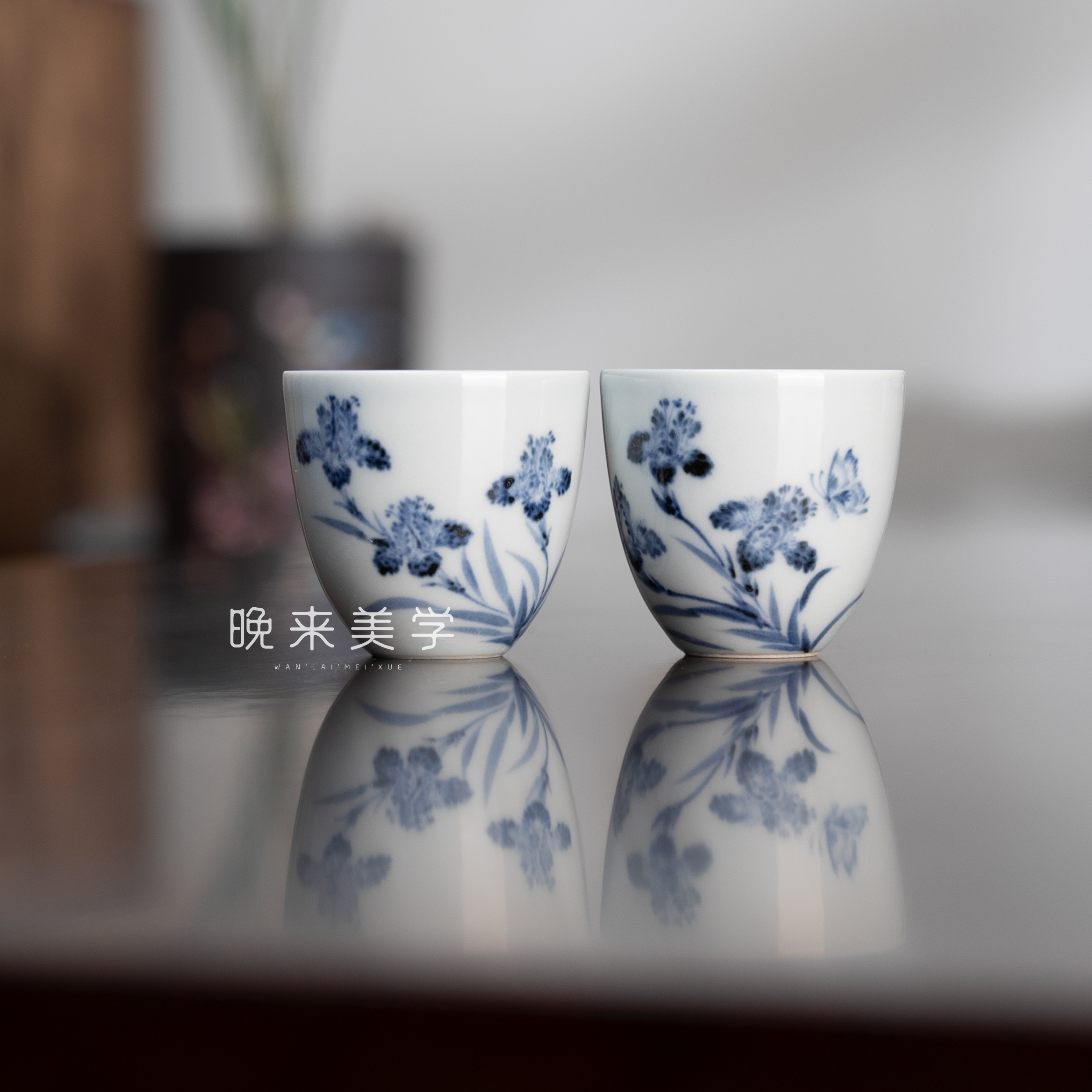 松风馆仿明青花鸢尾花主人杯岩茶杯品茗杯景德镇纯手工手绘茶杯