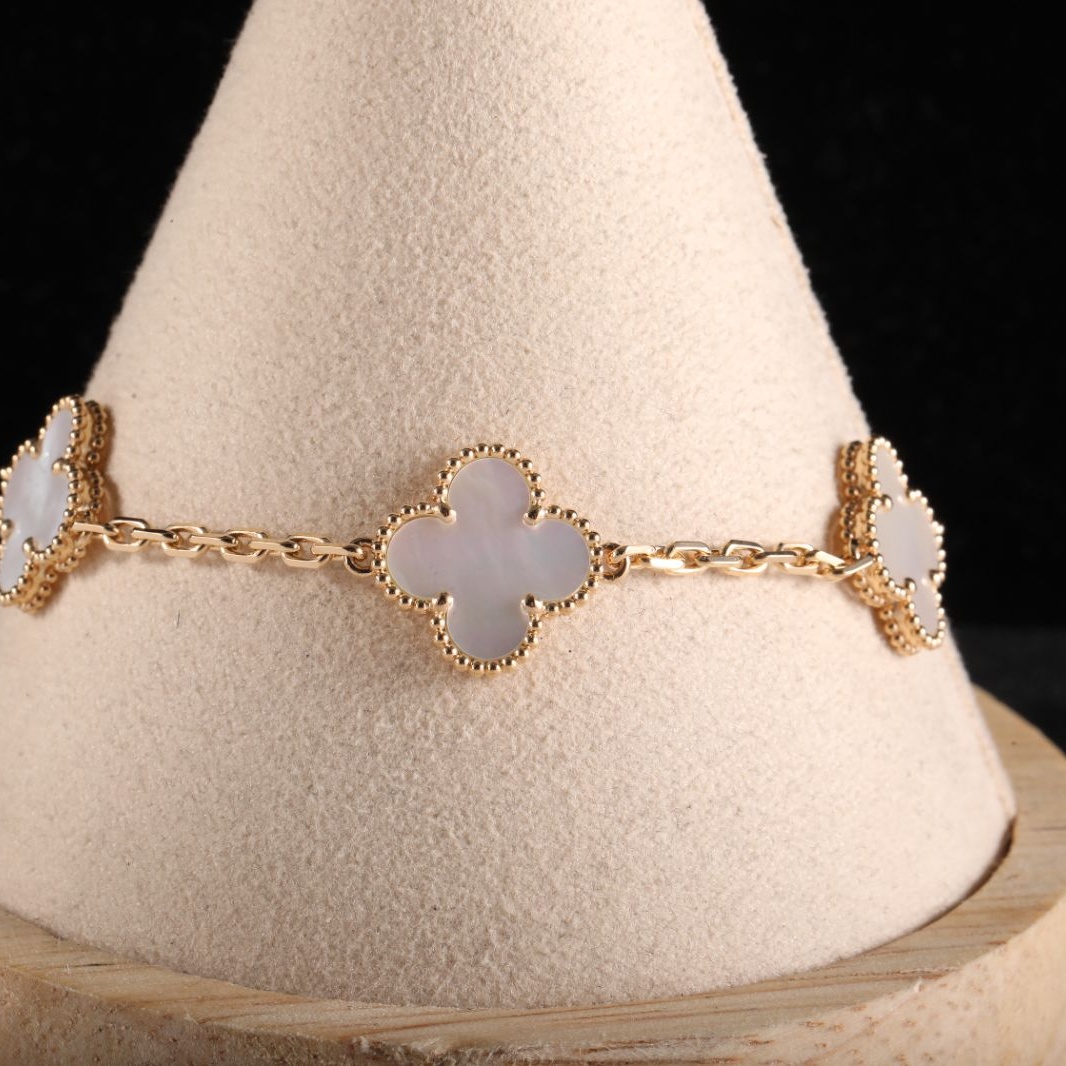 99新 梵克雅宝 【娇】中号五花手链新扣18K黄金/白贝母 S-M码111862