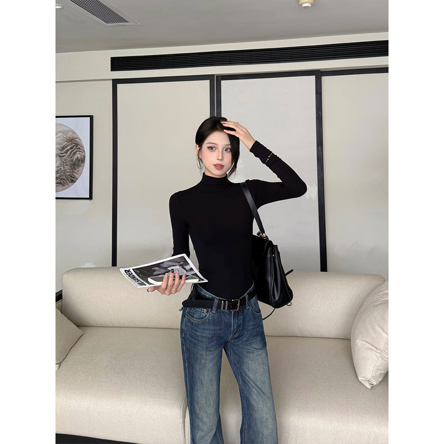  鲸屿Whale半高领打底长袖女2025冬季新款辣妹纯欲风百搭长袖上衣