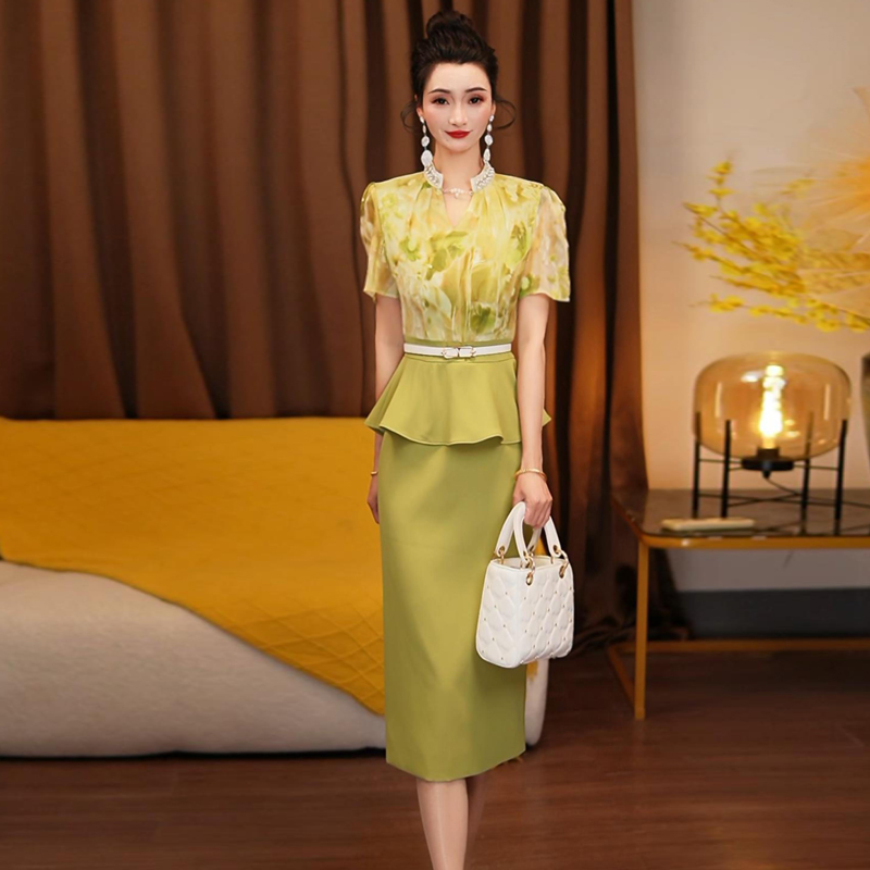 夏季连衣裙假两件短袖V领南油高端高腰收腰显瘦礼服后妈裙子9881