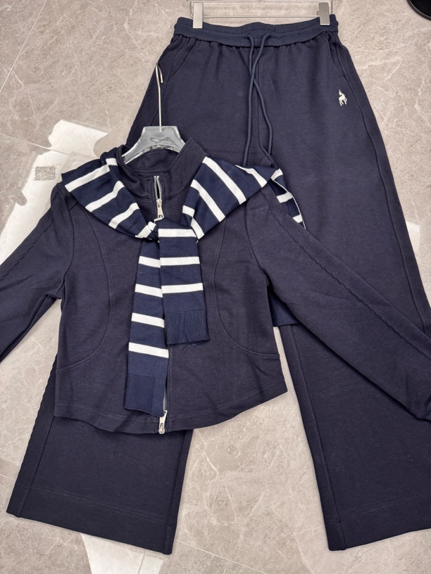 2025 新款条纹披肩立领短外套高腰直筒裤套装