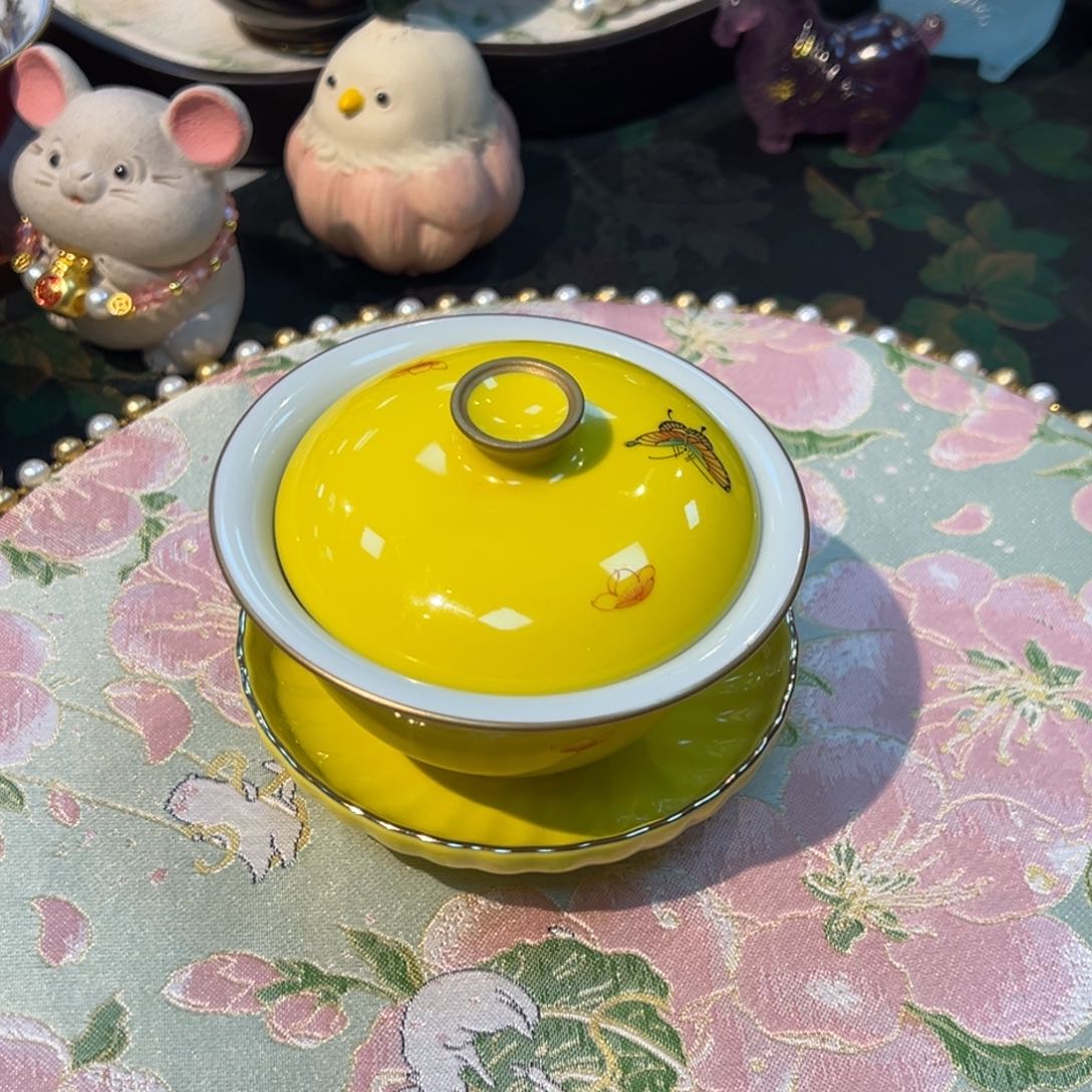 摆件华隐堂帝皇蝶念花盖碗三才