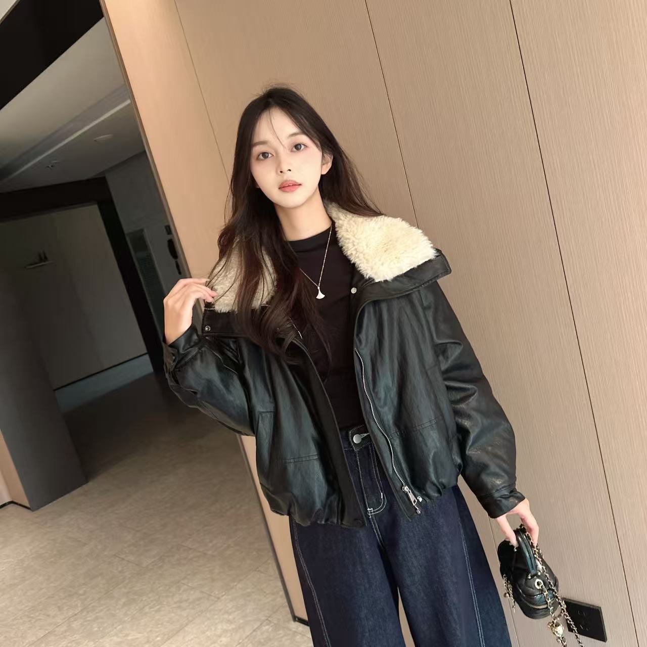 7685 主播同款毛领大翻领加绒皮衣外套