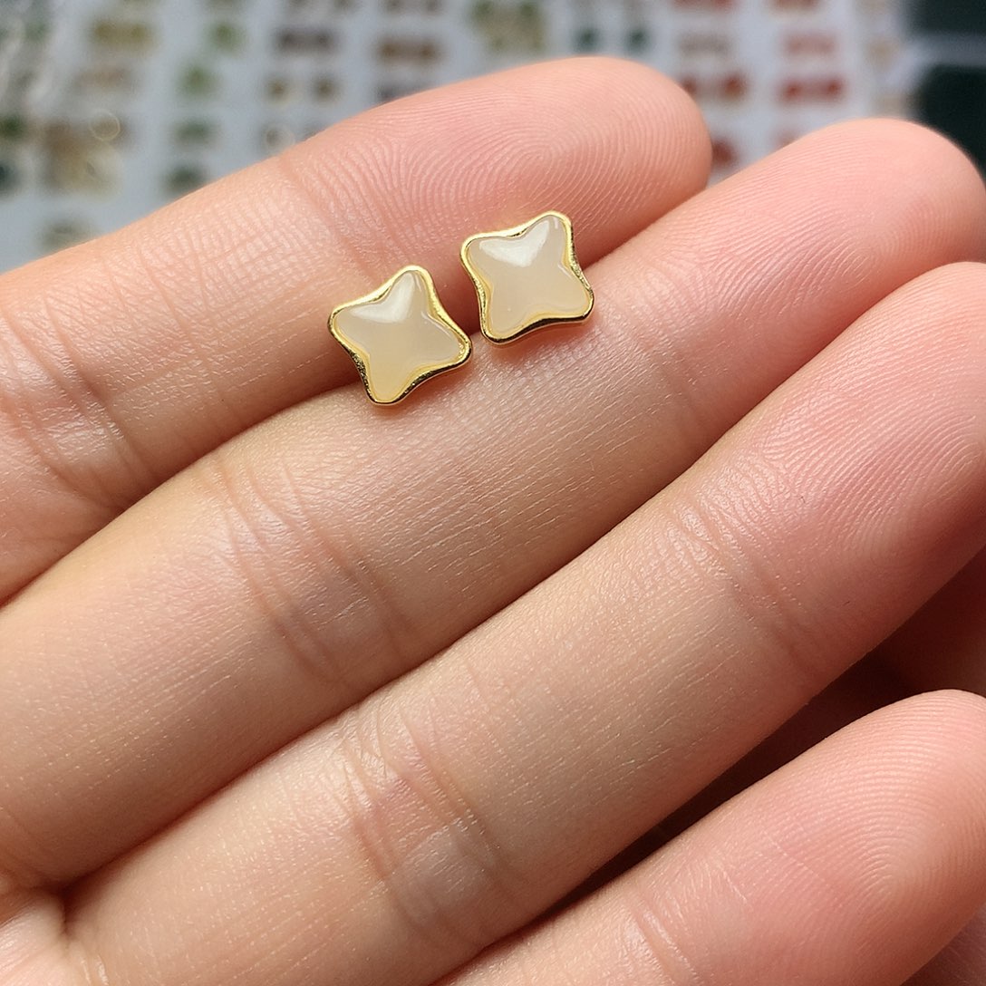 银S925镀金镶嵌和田玉（白玉）耳饰
