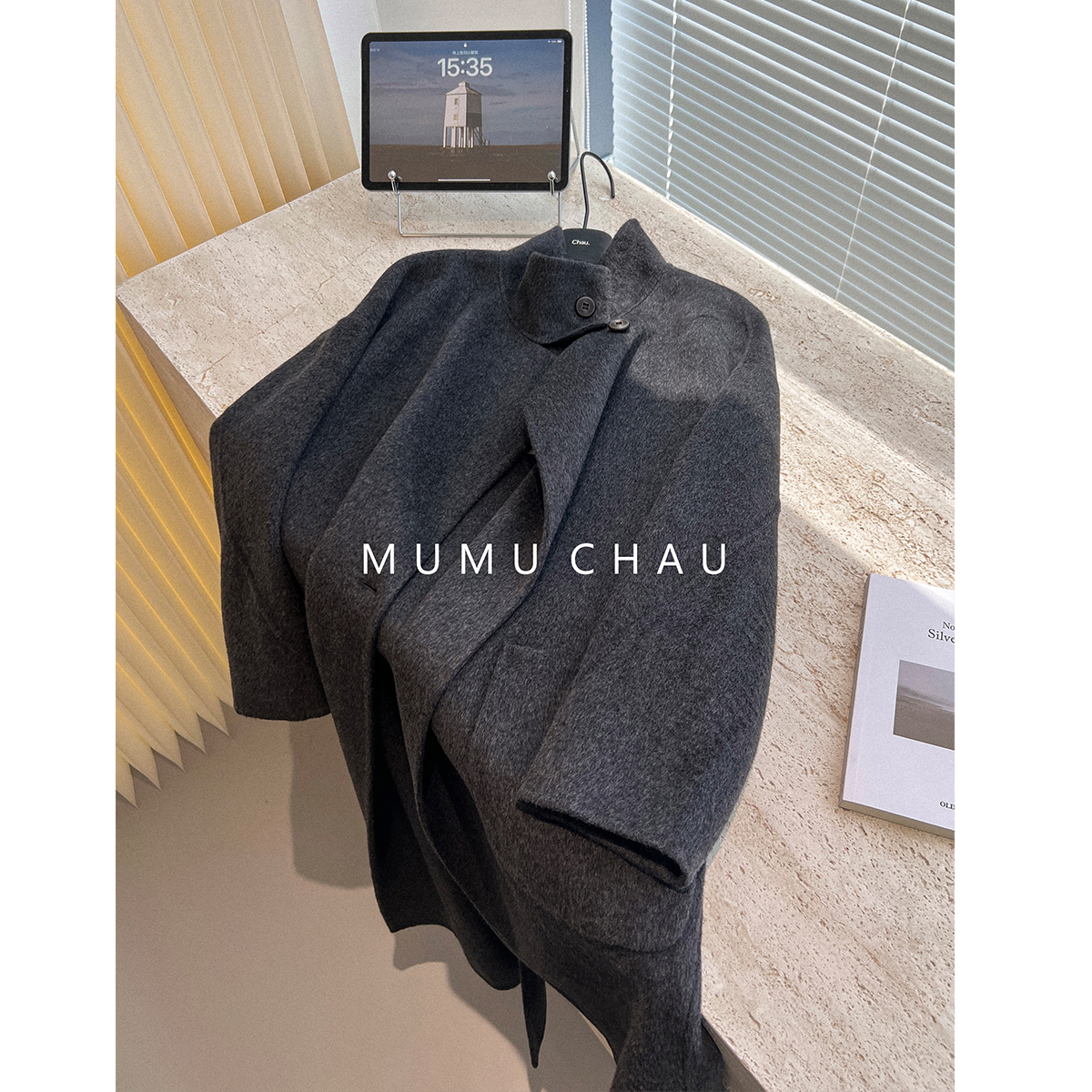 「MUMU CHAU」【灰洒自如】女冬季长款立领双面呢外套羊毛大衣LD58254