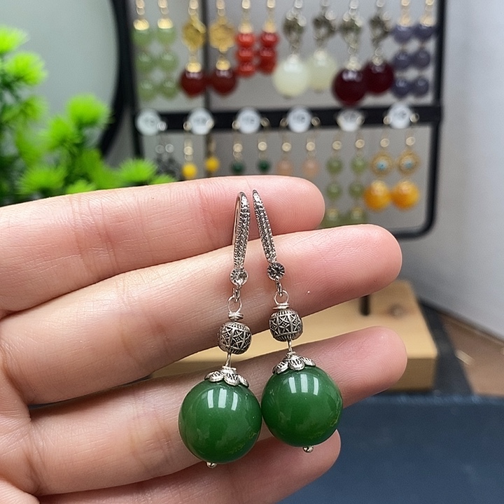 和田玉银S925镶嵌耳饰14mm 