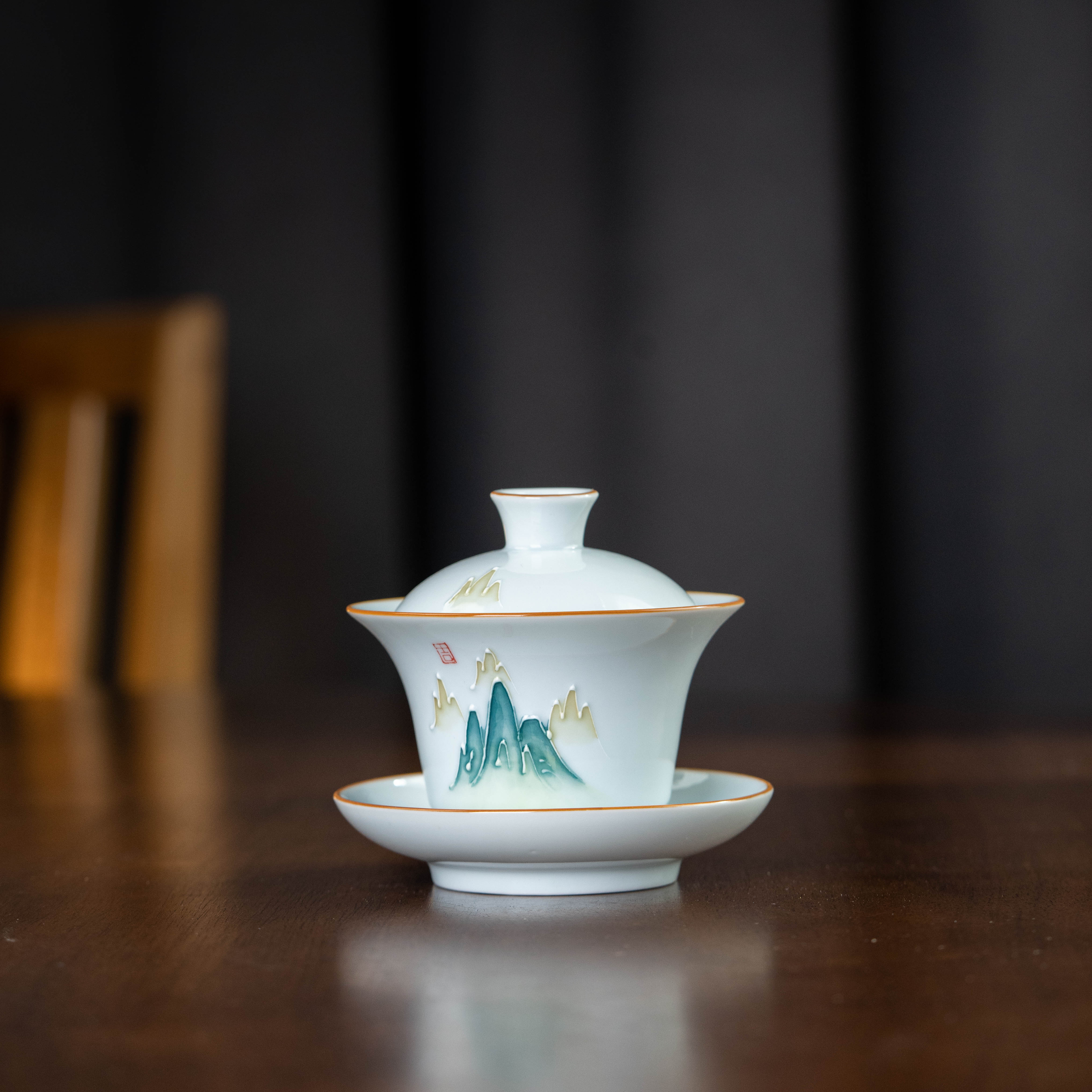 手绘山水 三才盖碗 130cc 瓷器家用茶周边