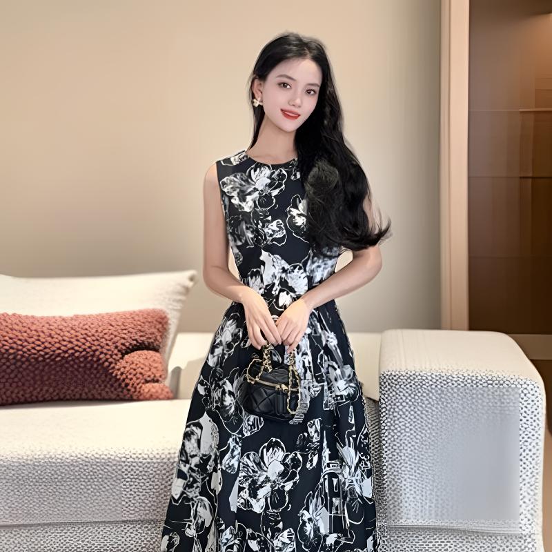 哥弟新款时髦法式提花气质收腰显瘦无袖背心连衣裙A字裙150016