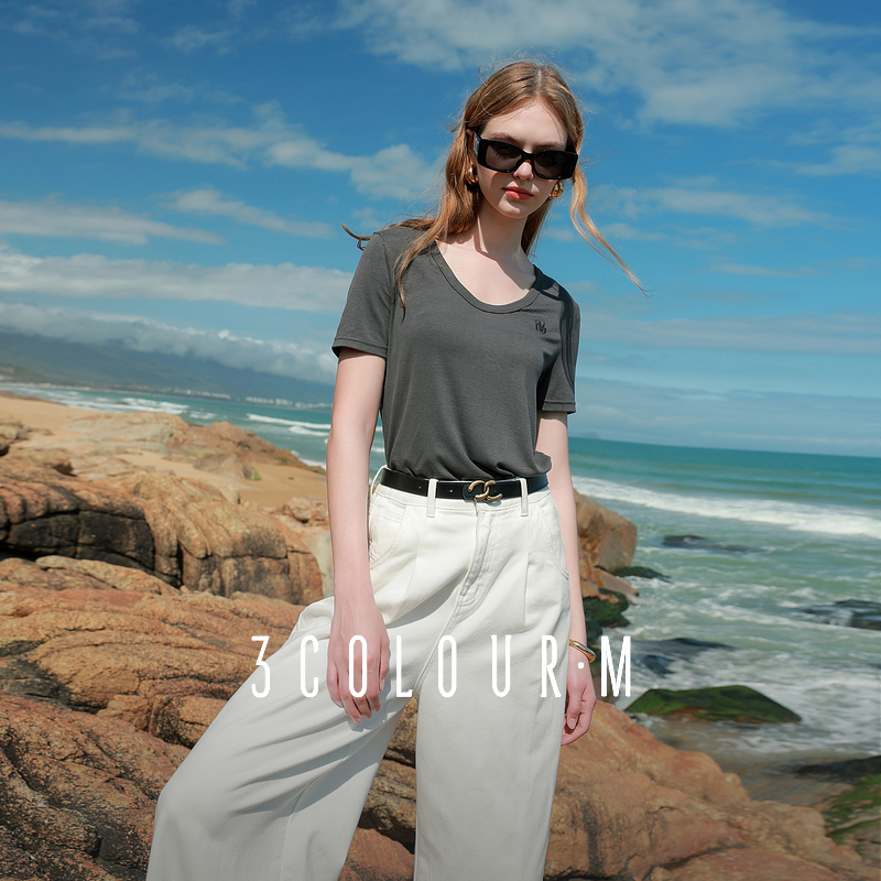 【达人专属】三彩2025夏季新款刺绣T恤U领宽松正肩短袖上衣套dbx