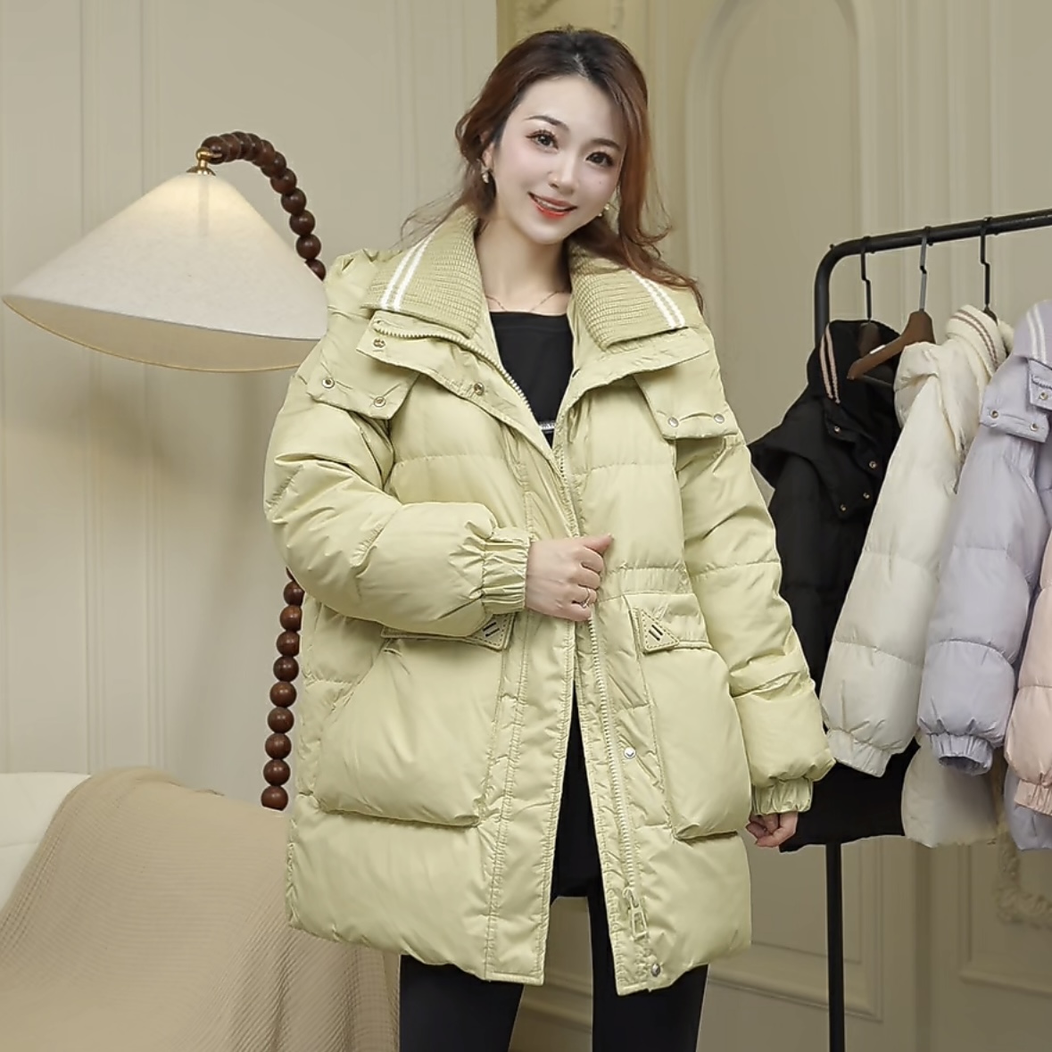 三角标针织领连帽外套羽绒服气质中长款韩版加厚女季时尚百搭显瘦