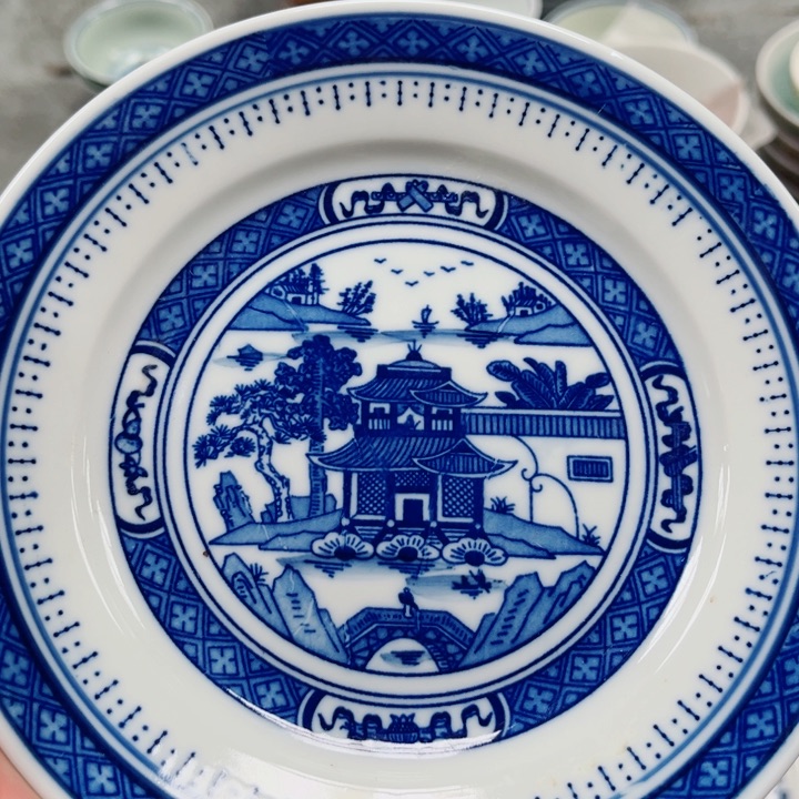 青花玲珑7寸平盘梧桐微瑕