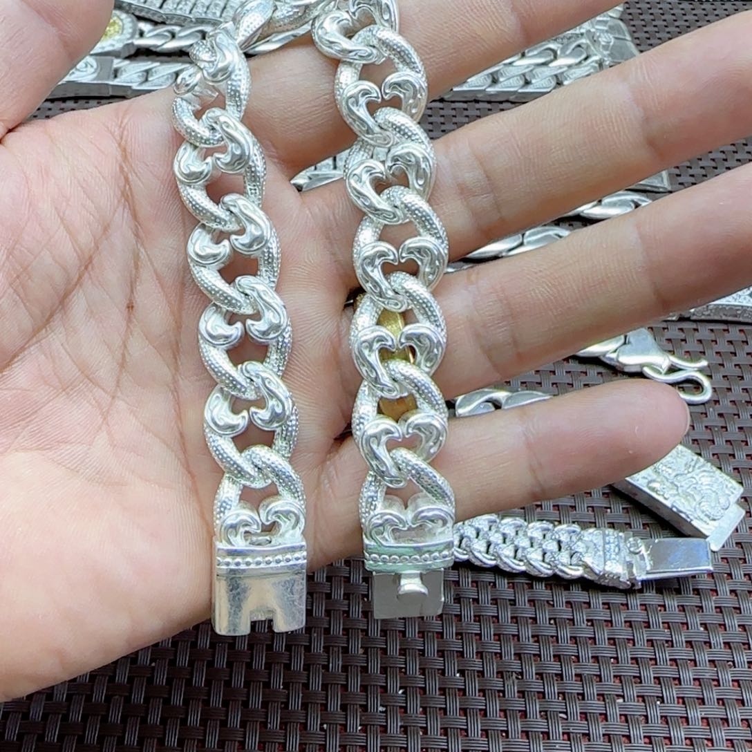 无925银老银、s925古巴带雕工手链