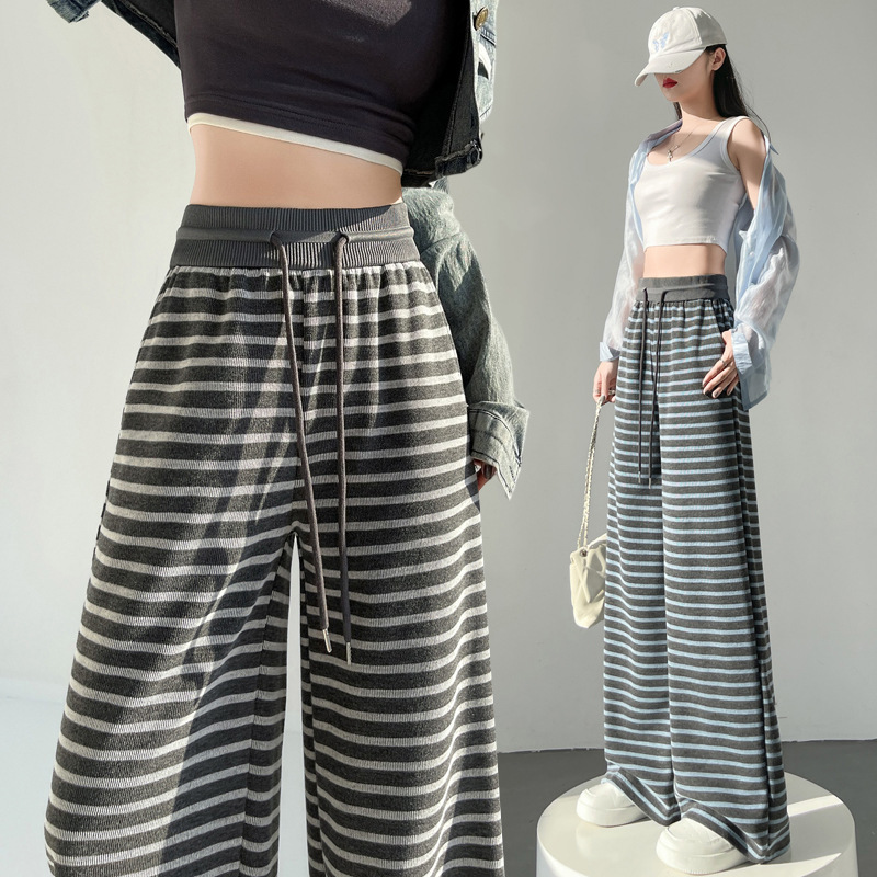 韩系慵懒休闲裤春秋复古条纹阔腿裤女2025春季新款休闲遛弯拖地裤