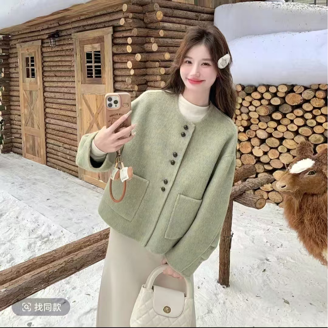 2558直下摆新潮风短款常规袖毛呢外套小香风洋气双面开衫