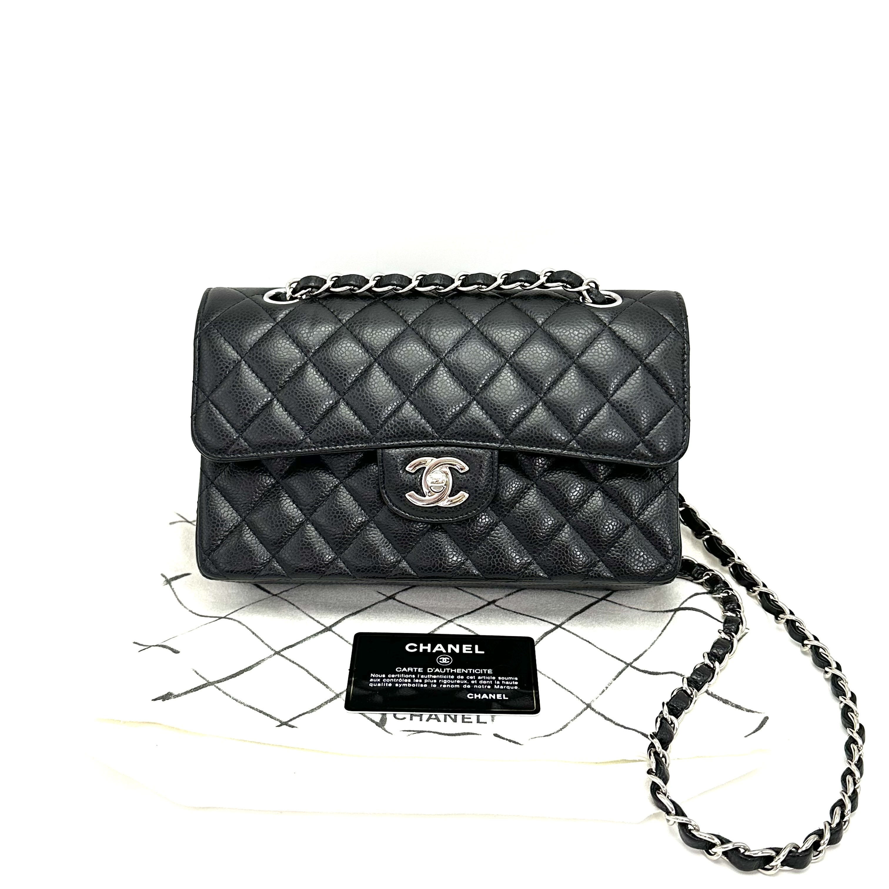 99新 Chanel/香奈儿 黑银CF荔枝牛皮小号单肩斜挎 91915 