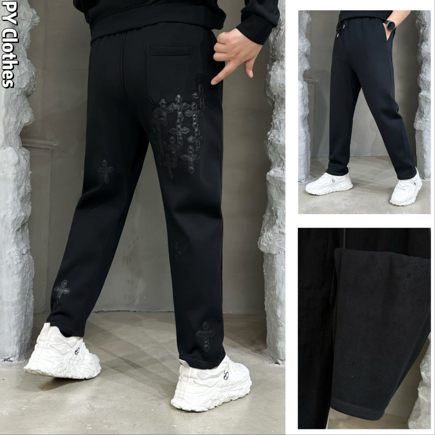 【加绒款】胖语大码男装 2025冬季潮牌贴皮绣加绒弯刀直筒裤99657#S