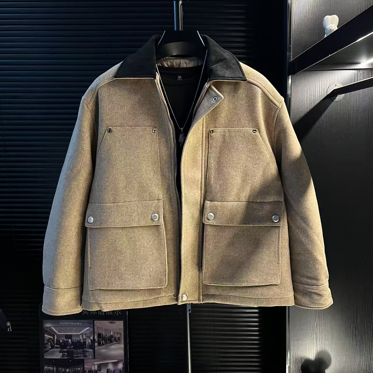 H-大口袋毛呢棉服男冬季加厚保暖翻领外套
