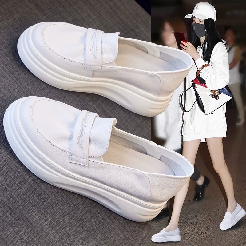 万达撤柜头层牛皮内增高小白鞋女鞋2025夏夏季厚底一脚蹬两穿单鞋
