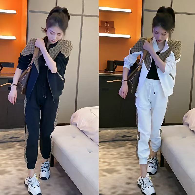 【红】早春新款拼色时尚显瘦减龄百搭拼接套装两件套长袖春季套装