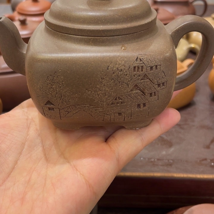 老***长茶壶紫砂天圆地方清灰段手工刻绘