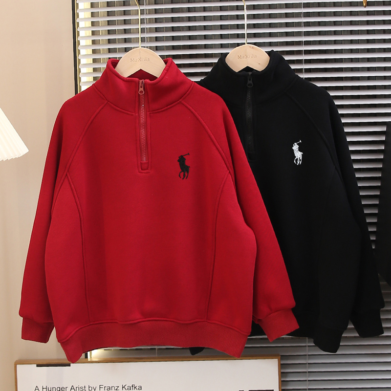 新年红儿童半开拉链加绒卫衣2025新款男童秋冬装加厚一体绒时尚潮