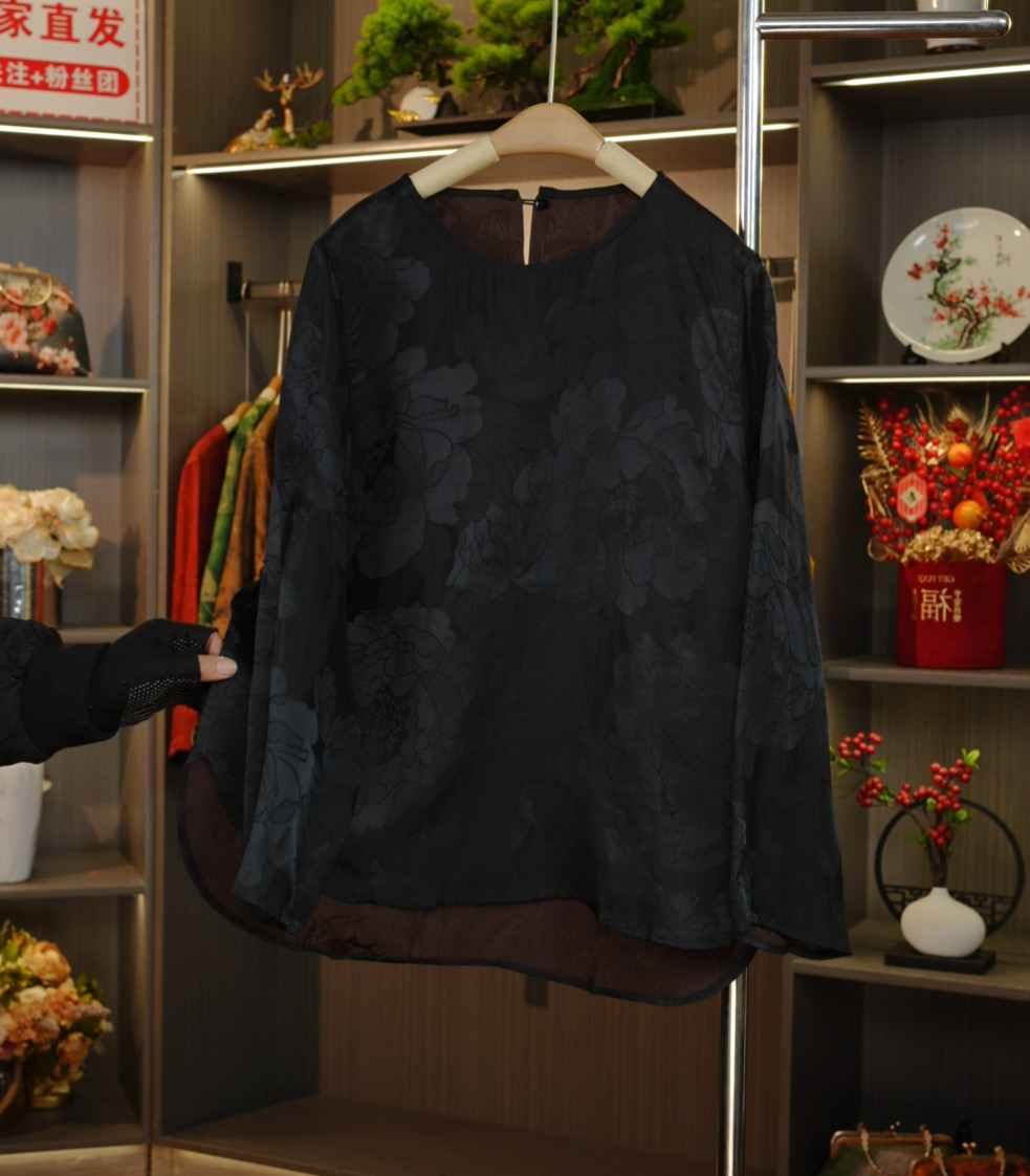 【牡丹】新中式桑蚕丝提花纽扣早春洋气圆领上衣
