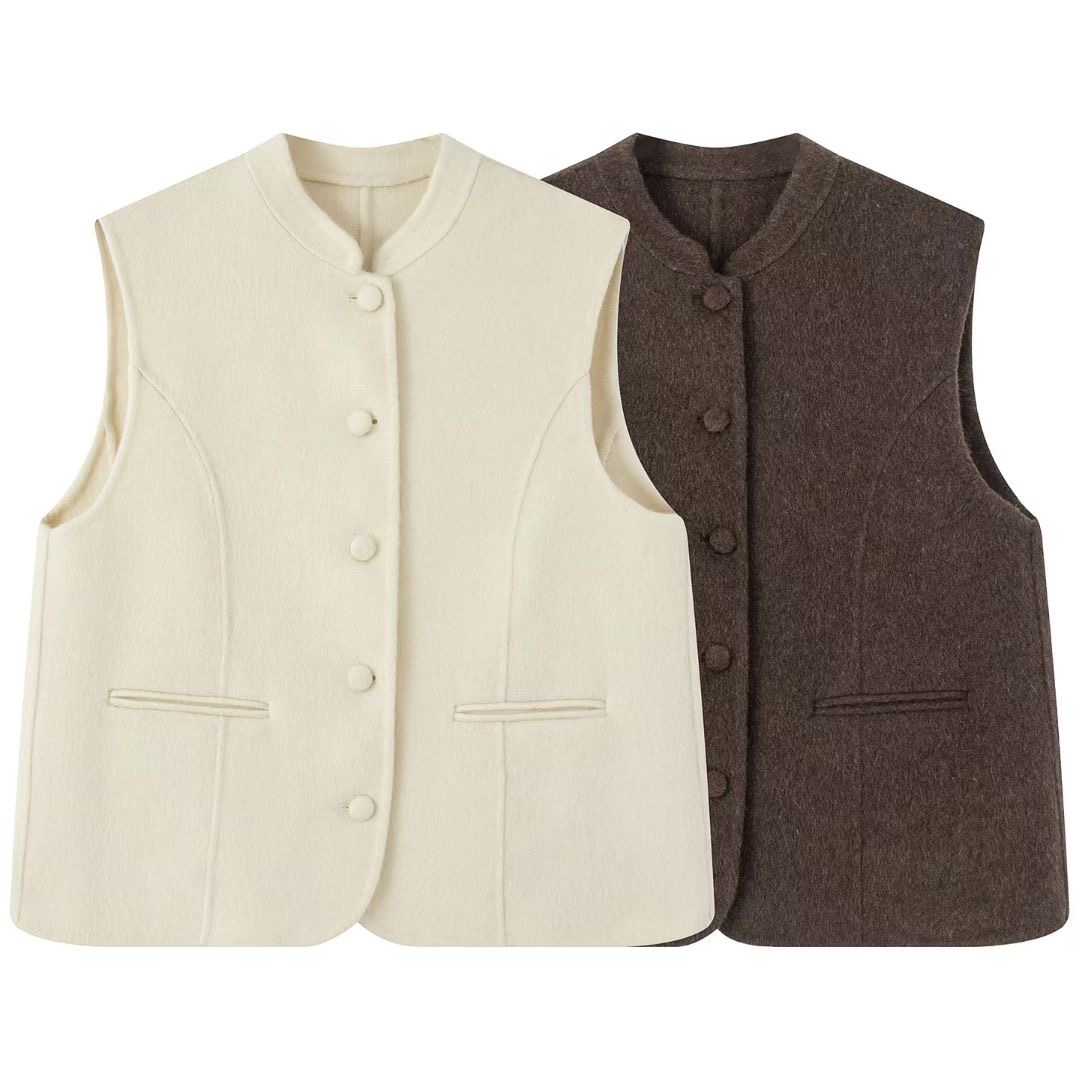 2025秋冬新国风新中式双面呢羊绒马甲背心女宽松立领毛呢无袖坎肩