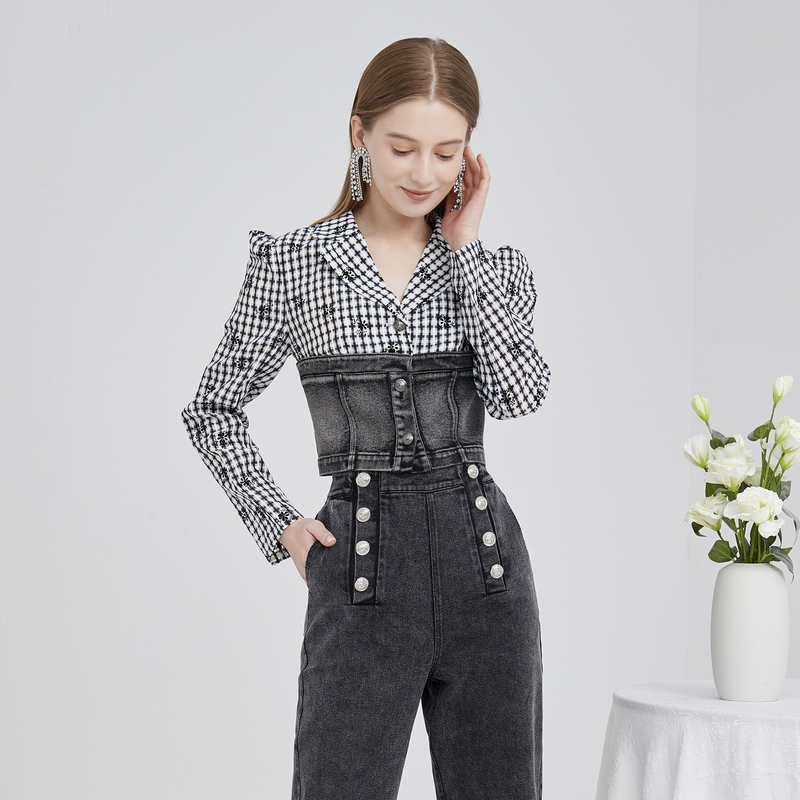 【彭彭echo专属】恩曼琳春翻领格纹牛仔拼接金属扣修身短款衬衫女EA