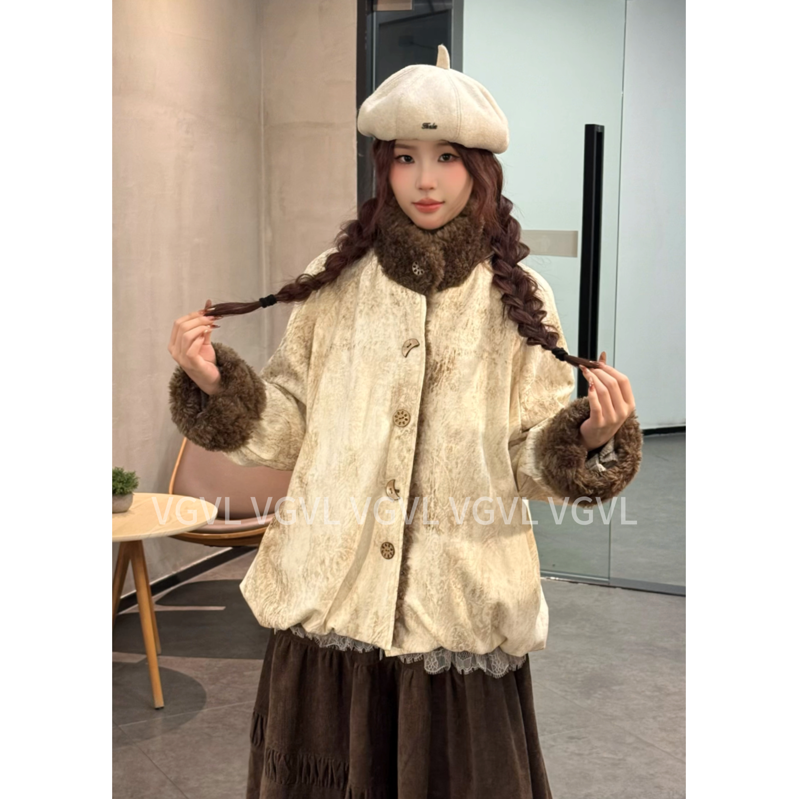 VGVL外套秋冬宽松复古加厚保暖百搭撞色毛毛上衣外套30381