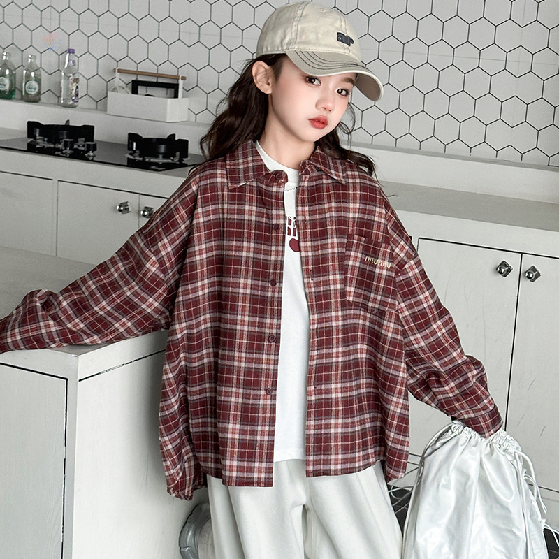 女童春秋休闲格子衬衫中大童2025新款秋款韩版长袖衬衣打底衫两件