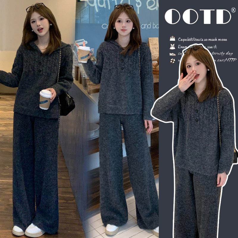 孕妇秋冬新款麻花软糯时尚毛衣休闲款连帽阔腿裤时尚加厚孕妇套装