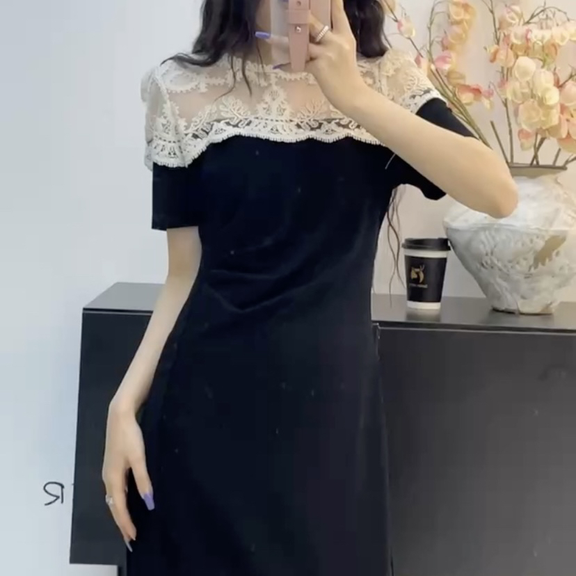 XX981213拼接礼服复古褶皱长裙气质短袖连衣裙法式