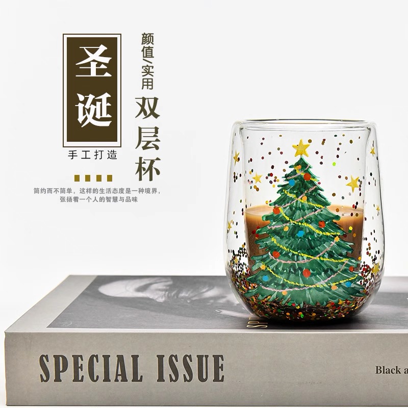 圣诞轻奢人工吹制双层杯吹制卡通元素玻璃杯适合当圣诞节礼品