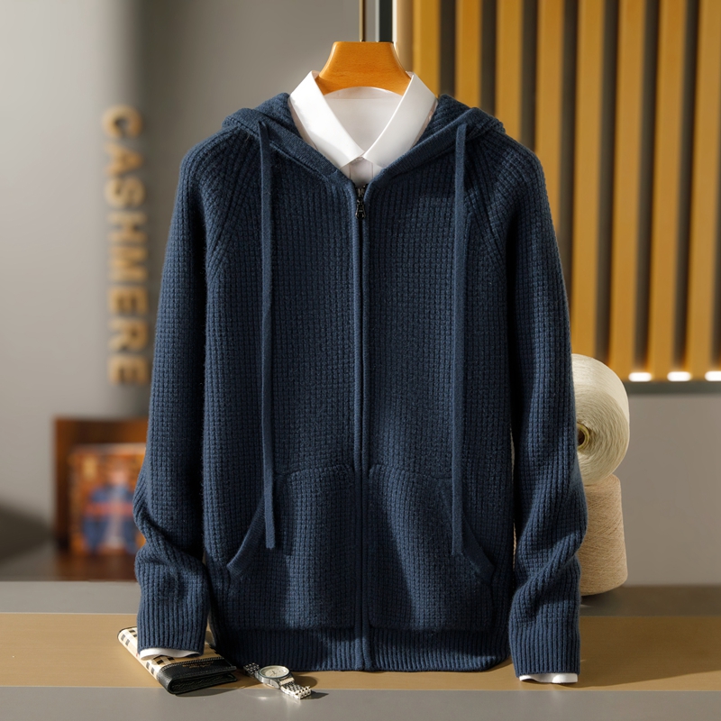 男士865克纯山羊绒连帽重磅超厚纯休闲带兜拉链外套开衫