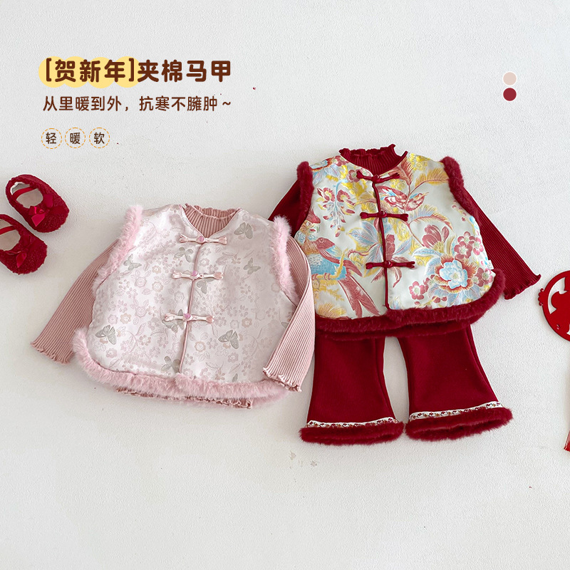 abnn儿童中国风拜年服冬季女童复古提花夹棉马甲宝宝加厚冬装