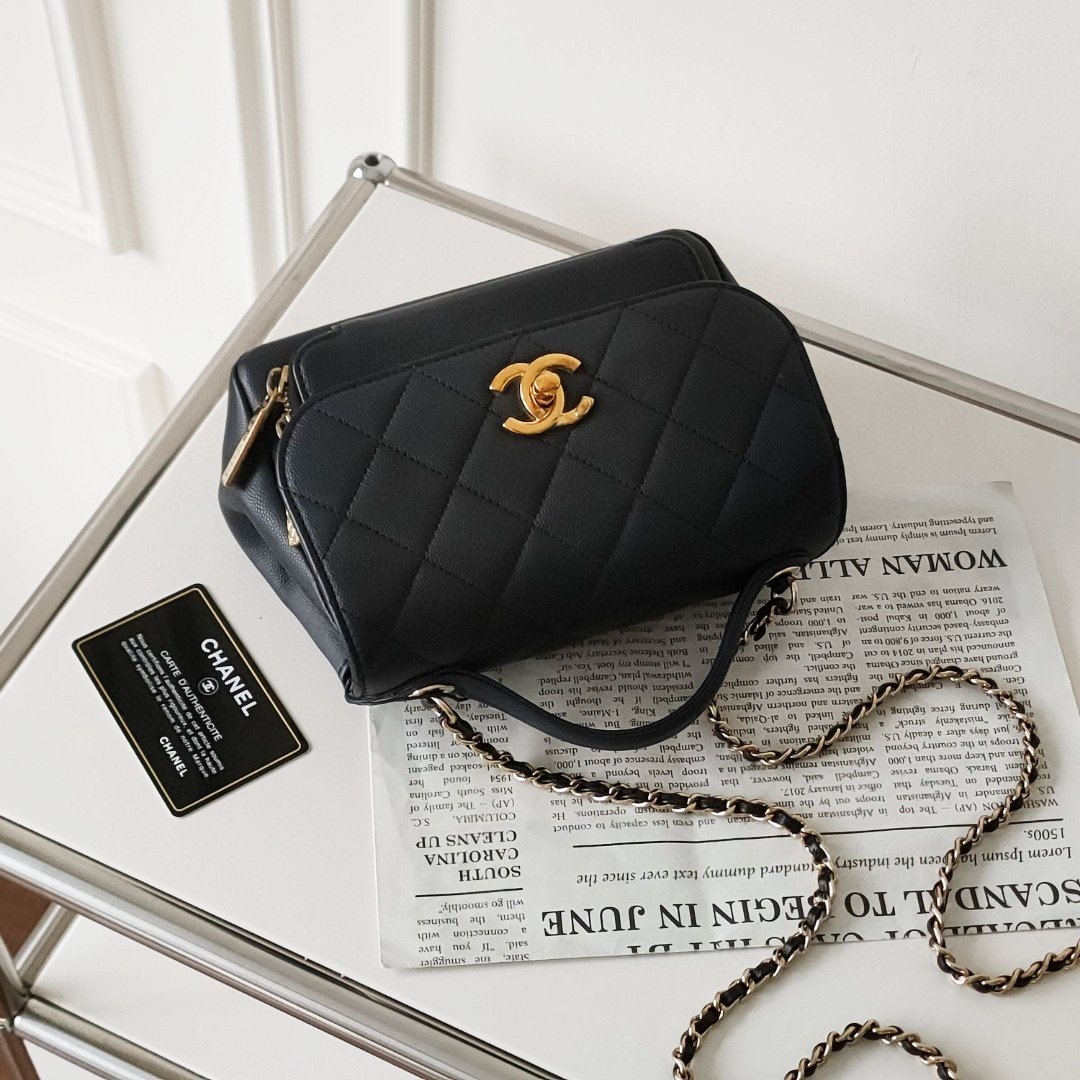 95新 Chanel/香奈儿 Azul黑金荔枝皮affinity邮差mini斜挎包37120