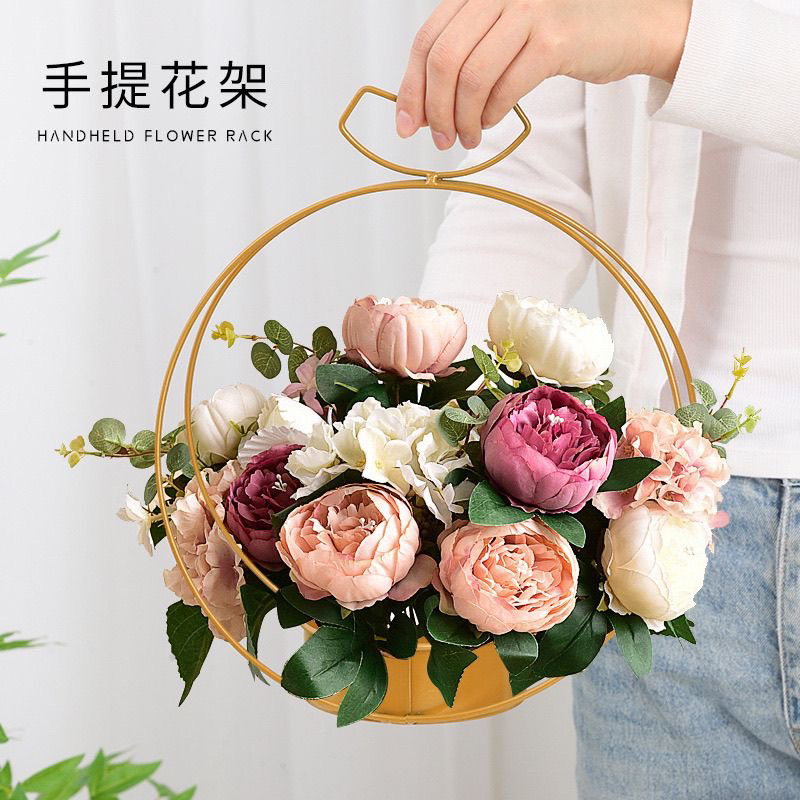 金色铁艺花架手提花篮鲜花创意插花礼物摆件工艺品花艺展示架客厅