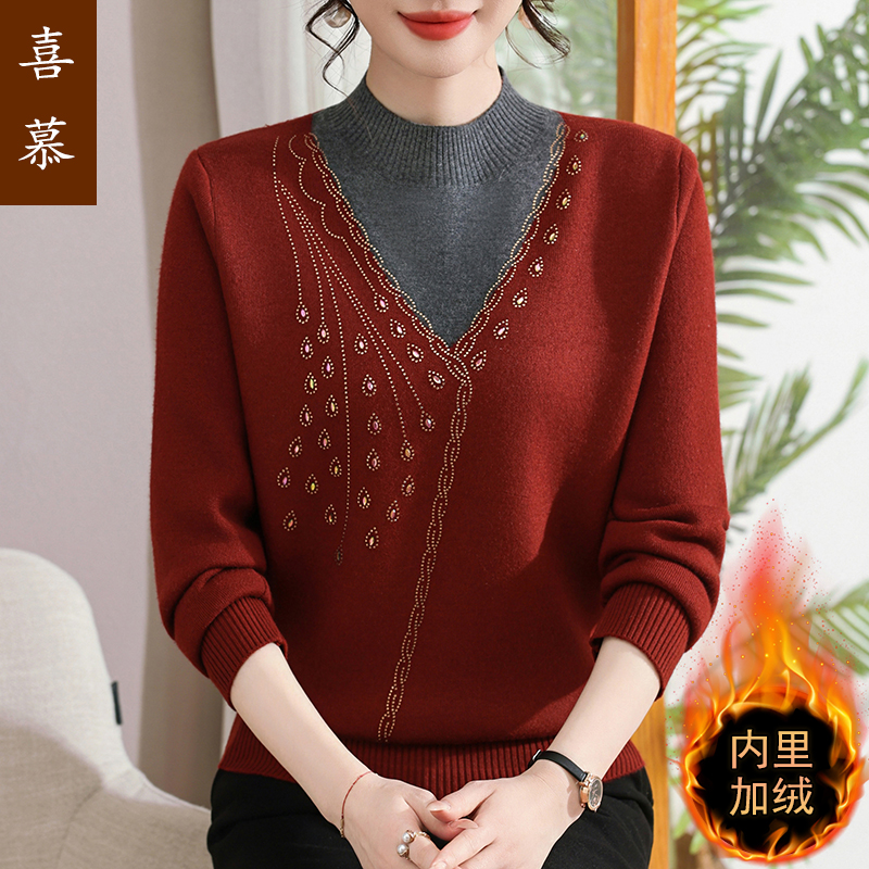 新款假两件半高领毛衣女中老年妈妈装加绒针织打底衫秋冬洋气上衣