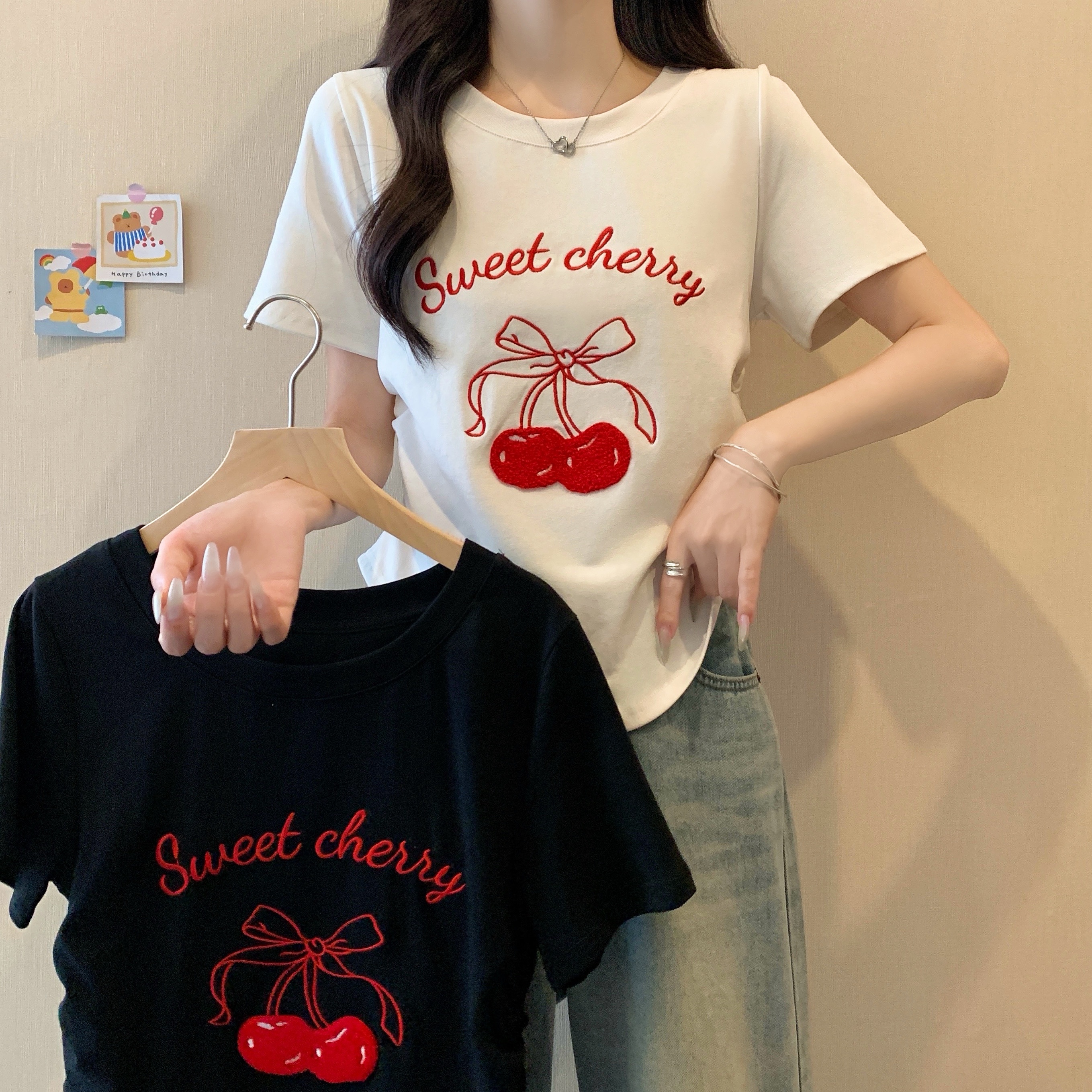 2025年大码女装夏季新款设计感樱桃蝴蝶结刺绣T恤女3322
