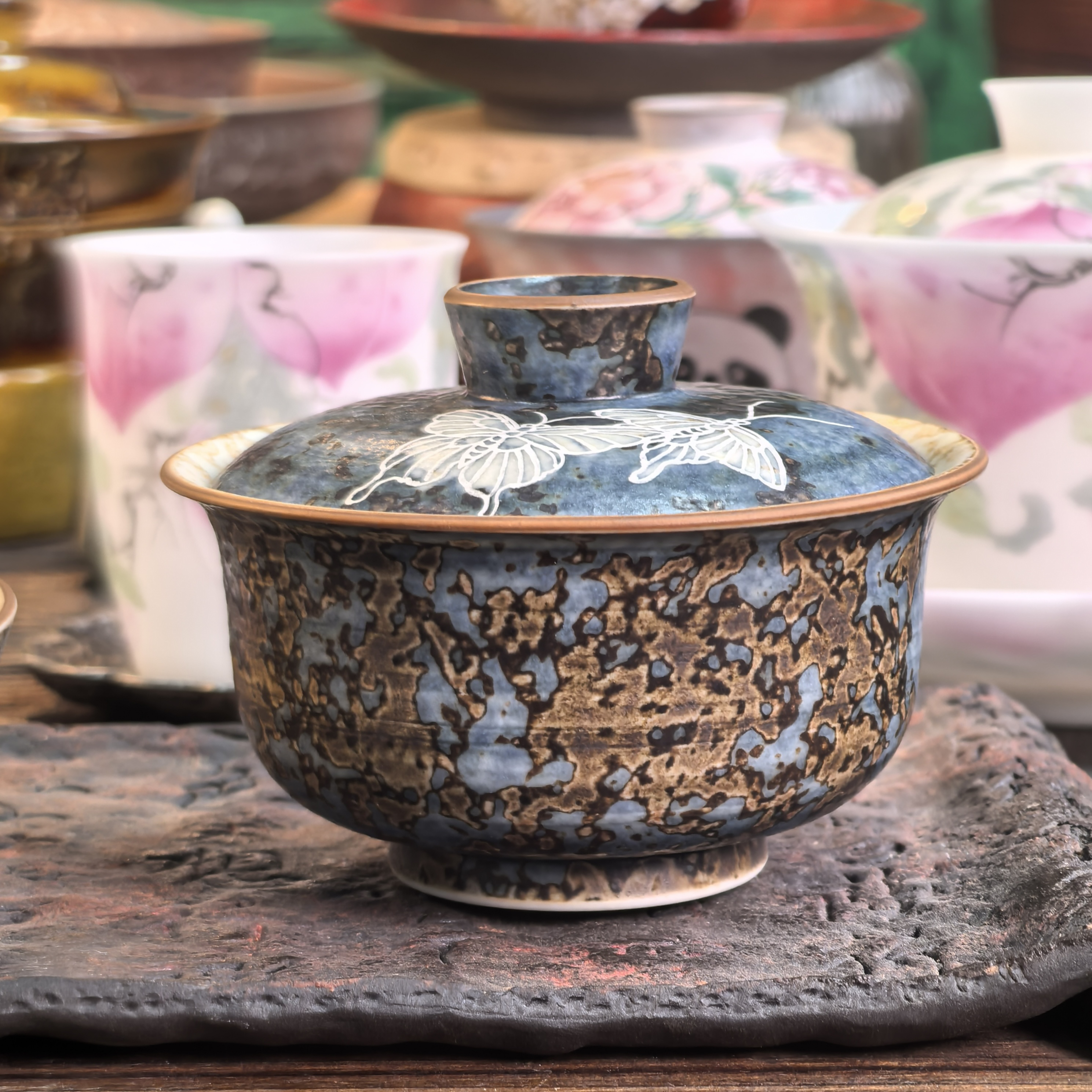 时节 景德镇秋语青花手绘蝴蝶盖碗