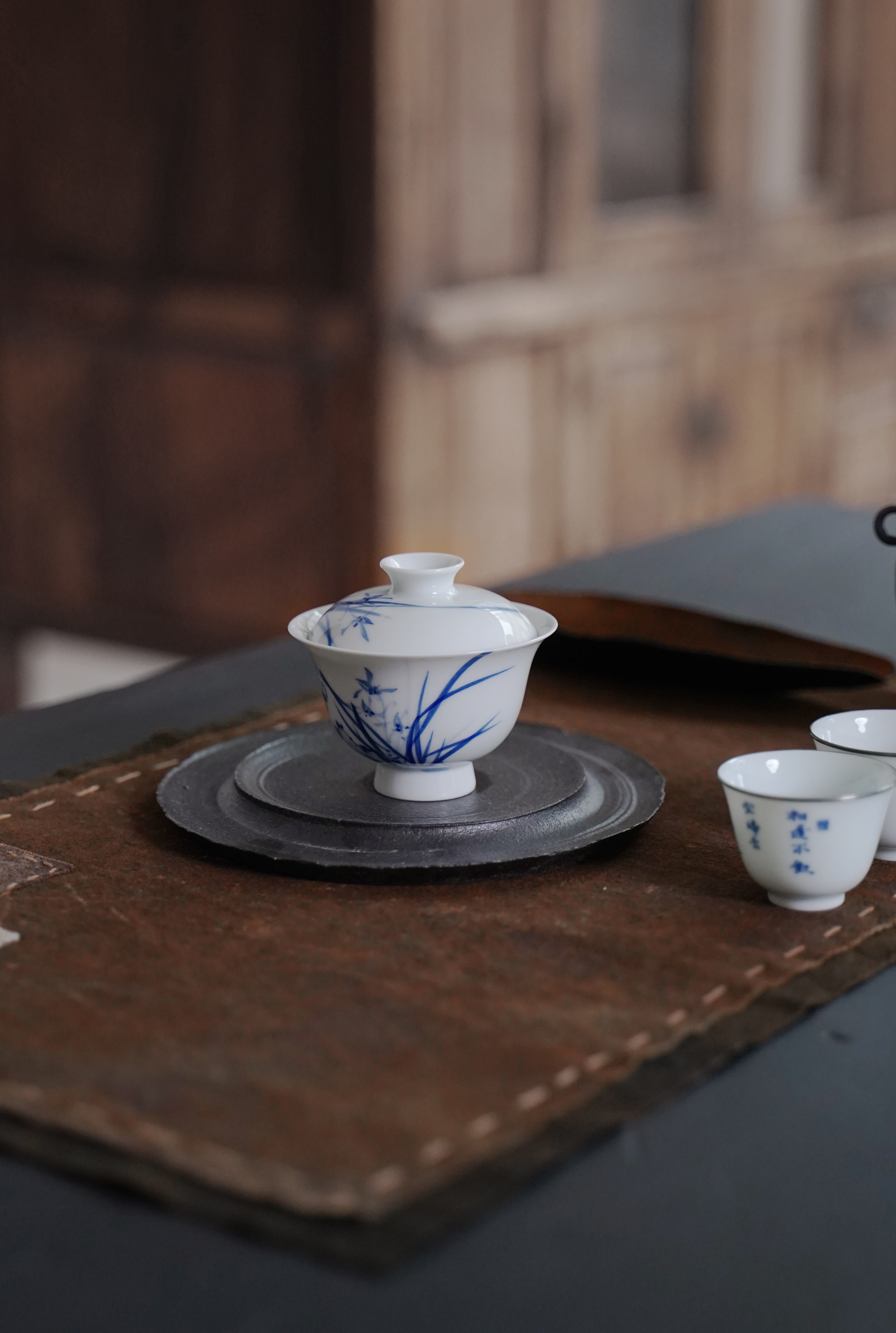 大合小满出品 兰花青花薄胎高足手工盖碗 盖下容量80ml