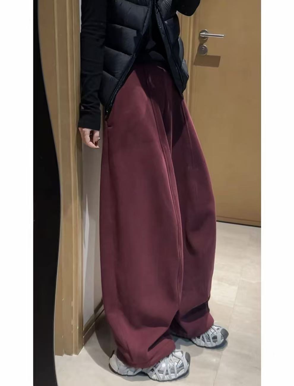 冬季新款女装欧货加厚加绒高腰宽松休闲裤显瘦弯刀阔腿拖地裤