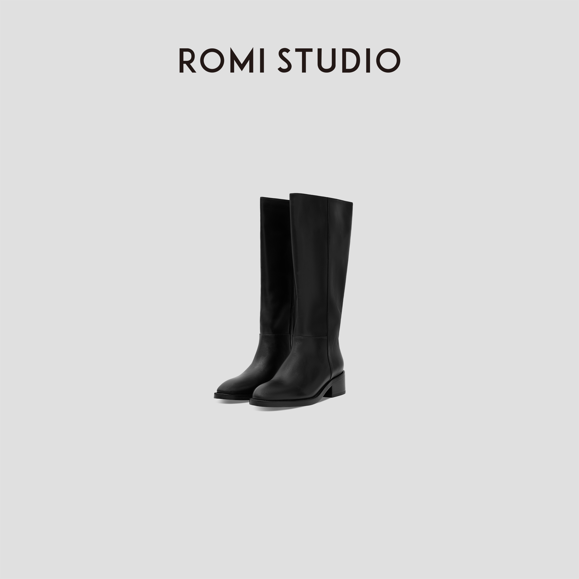 ROMI STUDIO“棕标甄选”头层牛皮拼羊皮油蜡粗跟长筒靴RW24LP30426