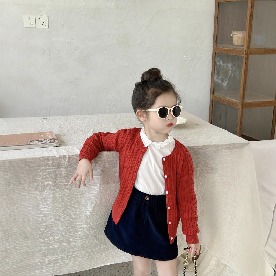 2025女童扭花毛衣纯色圆领开衫春秋韩版百搭基础款针织衫外套