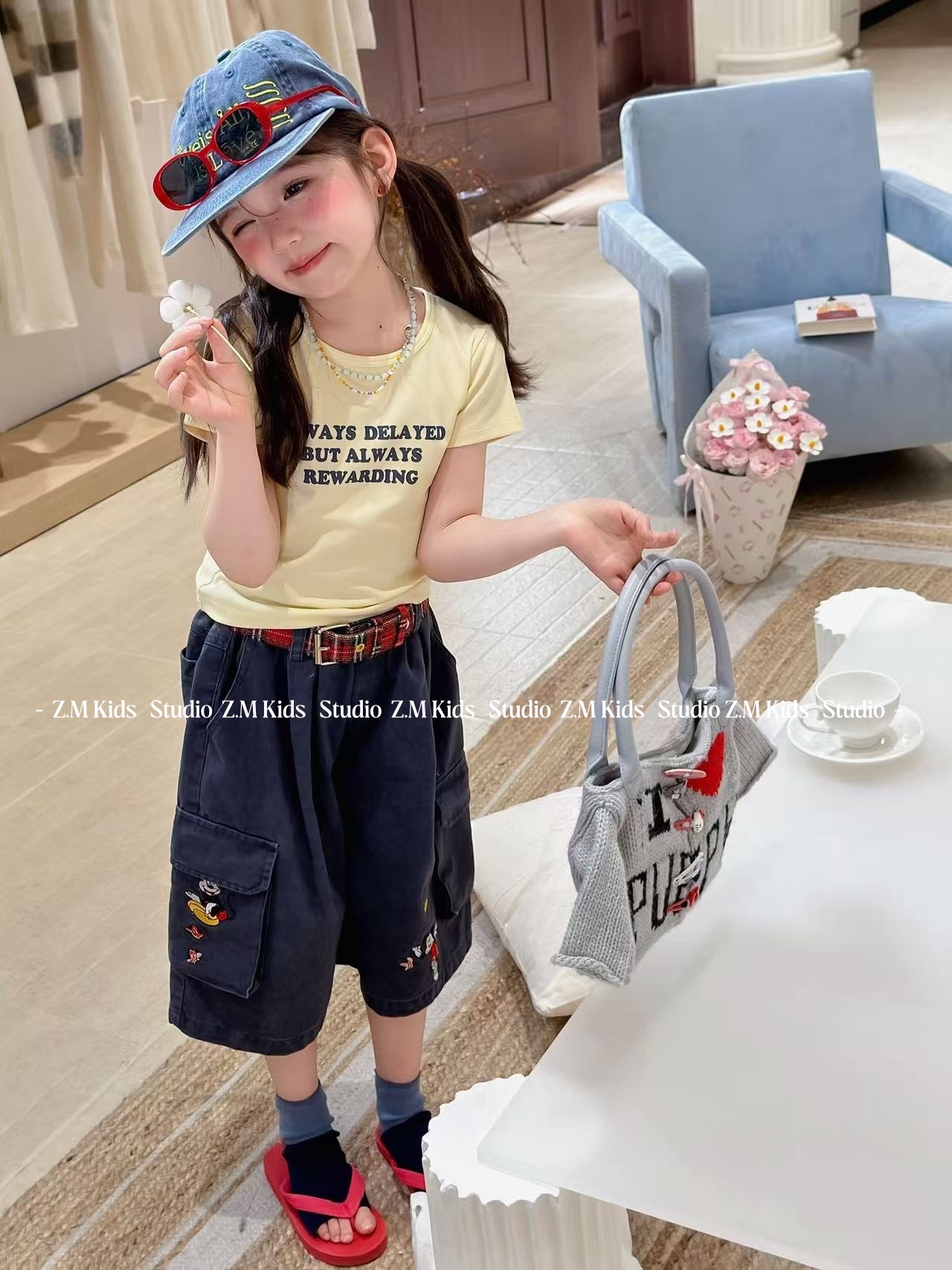 2026夏季女童牛仔裤儿童米奇八分裤中大童阔腿裤104