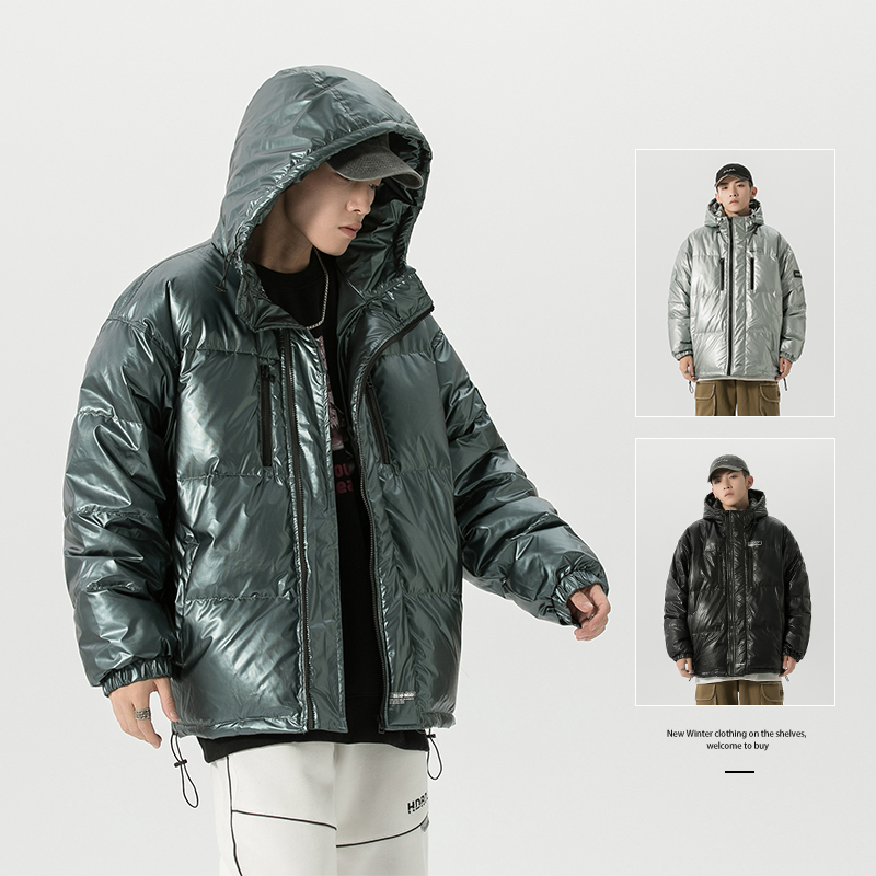 HY8112港风复古冬季保暖潮牌设计感亮面连帽字母印花羽绒服外套男